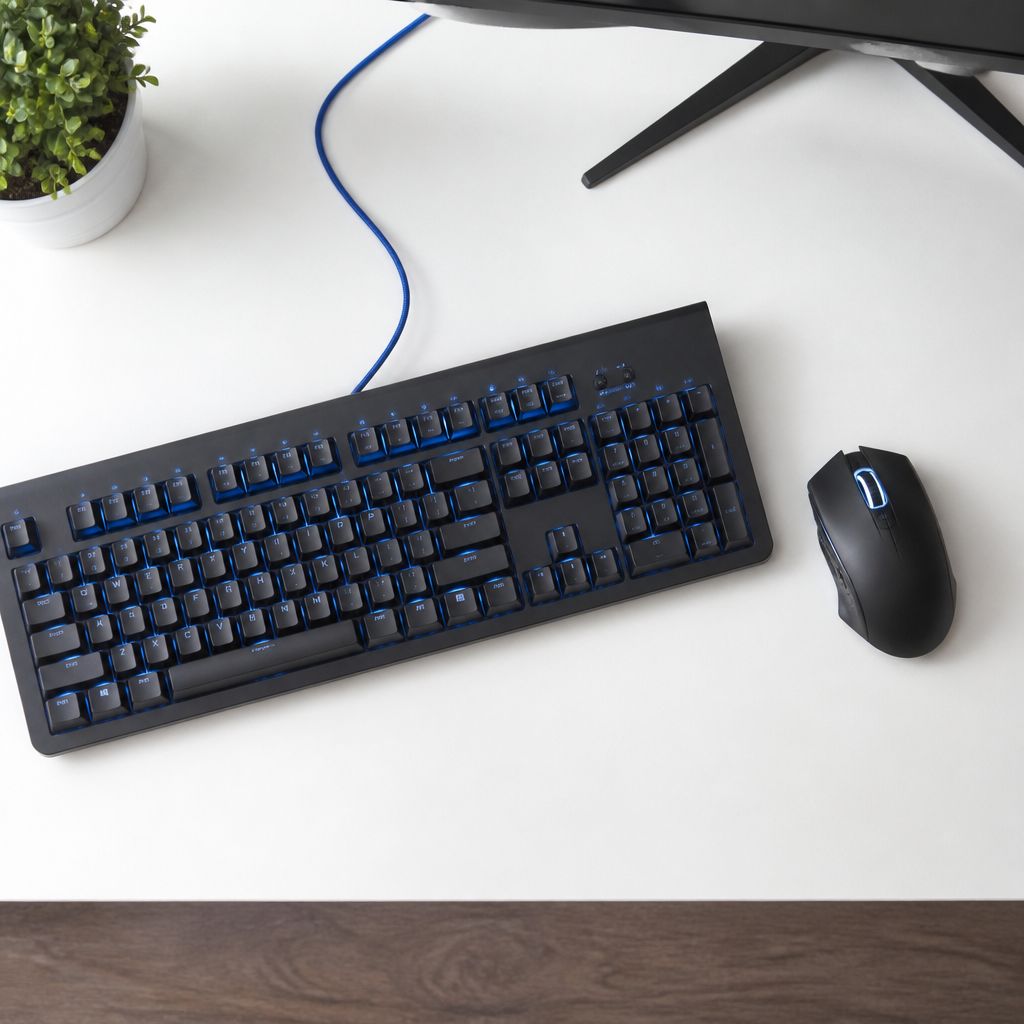 Top-down view of a clean white desk with a gaming keyboard and mouse and a single blue accent cable under even studio light