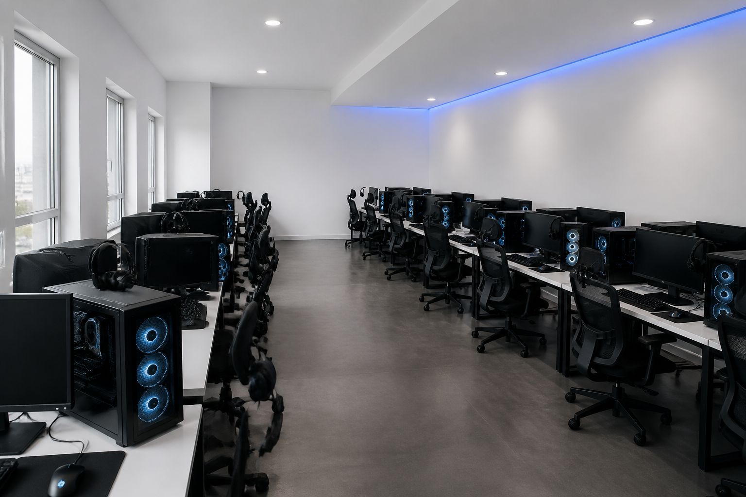Wide view of a bright minimalist PC gaming club with white walls and an orderly grid of identical high-performance computers